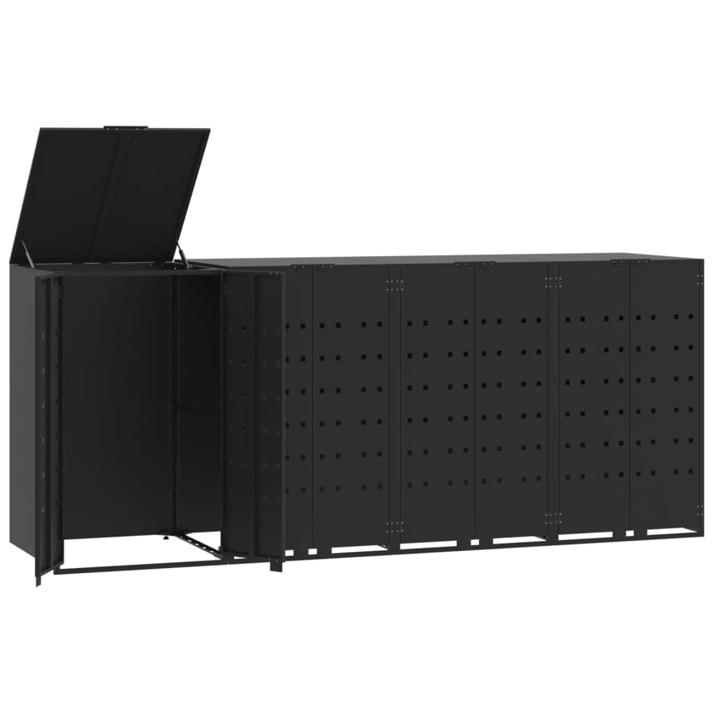 Cobertizo de almacenamiento para 4 cubos de acero, resistente a la intemperie y resistente, para jardín, cubo de basura, cobertizo de almacenamiento con puertas de bloqueo, tapa de elevación asistida