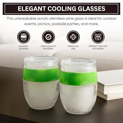 Image of Freezable Wine Tumbler Set with Lids & Green Grip - 2 Set - 13 oz Tumblers Insulated Cooling Gel Glasses - Reusable Double Wall Stemless Cups for Keeping Drinks Cold, Outdoor Entertaining & Gifts