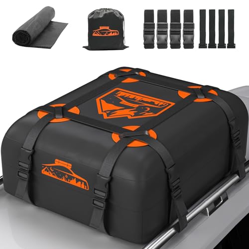 Rymopuey Cofre de Techo 15cubos/425L, Cofre de Techo para Coche 700D Naranja, Cofre de Techo con Almohadillas Antideslizantes y 8 Correas de sujeción, pto para Coches con/sin Portaequipajes