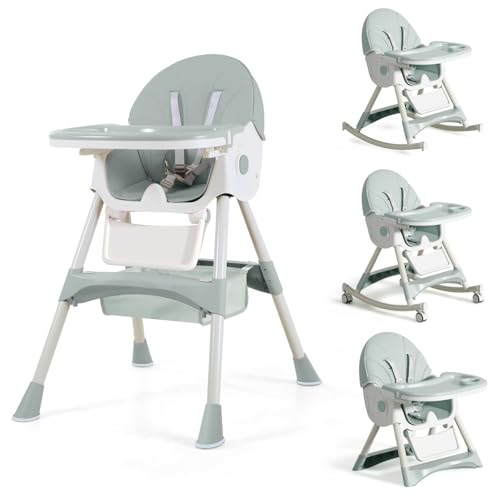 Image of Sunchildor 4 in 1 Foldable Baby High Chair with Removable Tray, Safety Belt, Footrest and Wheels, Convertible Toddler High Chair, Green