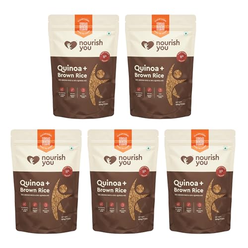 Image of Nourish You Quinoa and Brown Rice Mix - 500g x Pack of 5 | 11.16g Protein & 10.24g Rich Dietary Fibre per 100gm | Naturally Gluten Free Healthy Grain Mix | Low Glycemic Index | Superfood for Salads, Pulao, Bowls & Daily Meals (70% Brown Rice + 30% Quinoa)