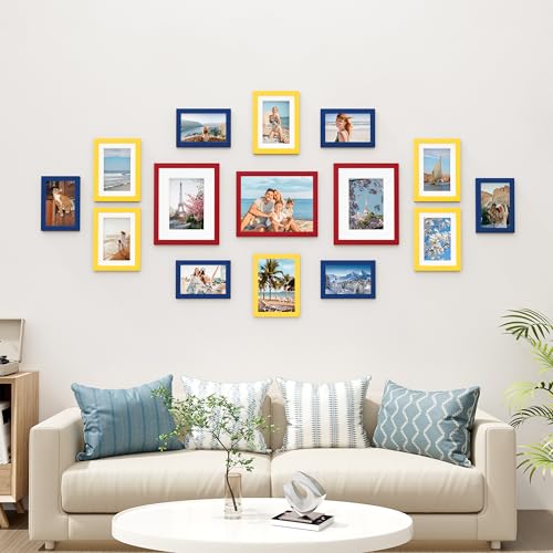 Image of Vittanly 15 Pack Picture Frames Collage Wall Decor, Multi Sizes Including 3pcs 8x10, 6pcs 5x7 and 6pcs 4x6 Photo Frames, Gallery Frame Set for Wall or Tabletop Display, Red, Yellow and Blue