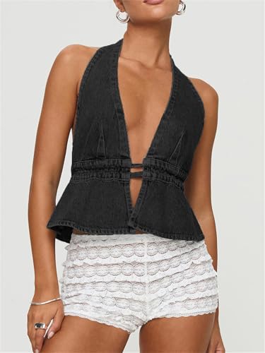 Mylleure Y2k Halter Denim Vest for Women Sexy Sleeveless Backless Tie Back Jean Vest Deep V Neck Peplum Tank Top Streetwear4