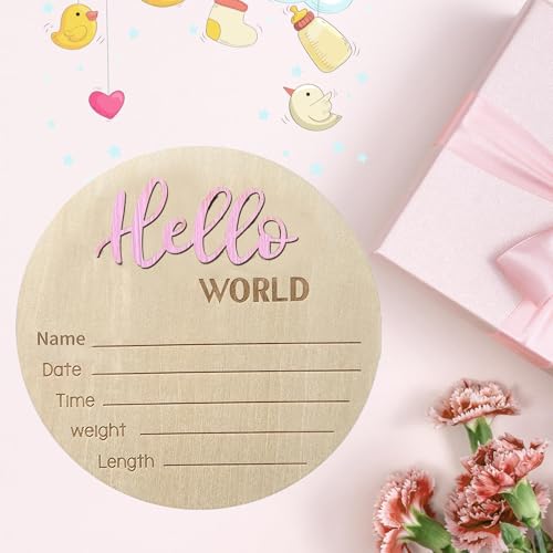 Image of Baby Announcement Sign, 5.9 Inch Wooden Hello World Newborn Signs, Birth Announcement Sign, Baby Shower Hospital Nursery for Newborn Boys and Girls (Light Pink)