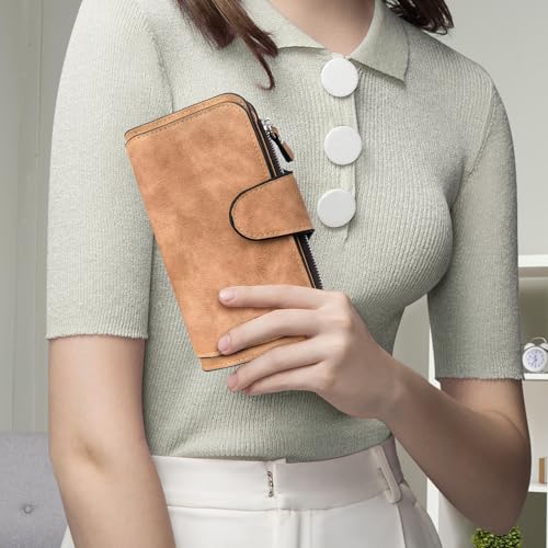 Triple Fold Womens Wallet PU Material Long Wallet with Mental Buckle, Credit Card Wallets 2 Photo Slots, 14 Card Slots, 6 Note Position, 1 Zipper Bag (Brown)