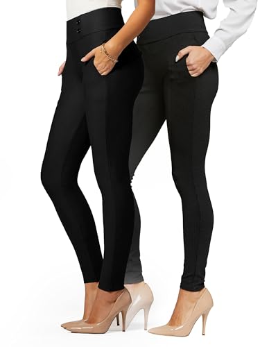 Conceited 2-Pack Stretch Slacks for Women - Wear to Work - Slim Leg Dress Pants with Pockets - Practically Posh, Black - (Large)