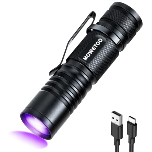 MOWETOO UV Taschenlampe Aufladbar - Mini LED UV Lampe Schwarzlicht Taschenlampe, 395nm Zoombare Ultraviolettes Licht Torch für Urinuntersuchung von Haustieren, Geldscheinkontrolle