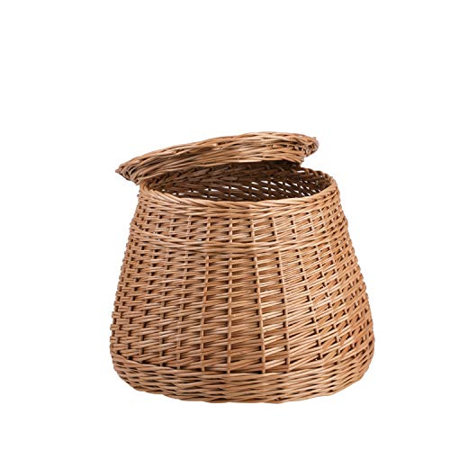 e-wicker24 Pouf de Rangement Coffre de Rangement, Panier rond avec couvercle en osier naturel, panier de rangement, coffre en osier, panier maison (Naturel)