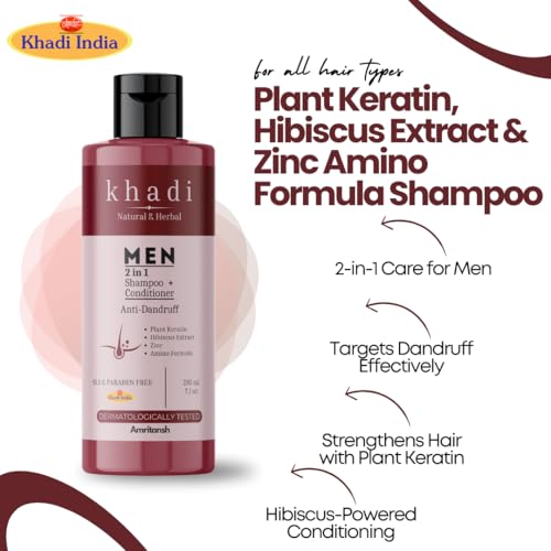 Image of Khadi MEN 2-in-1 Shampoo + Conditioner Anti-Dandruff | Plant Keratin, Hibiscus Extract & Zinc Amino Formula | Deep Cleanse, Strengthen & Soothe Scalp | Sulfate-Free | For Men By AMRITANSH | 420 ML