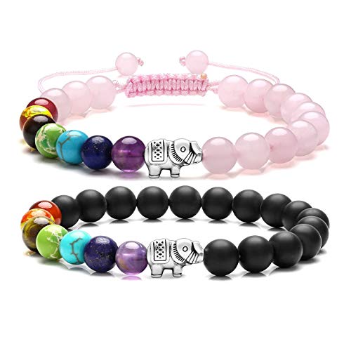 Top Plaza 7 Chakra Bead Bracelet Elephant Gifts Distance Couples Bracelets Lava Rock Stone Healing Crystals Yoga Anxiety Bracelets for Women Men - Set of 2#5