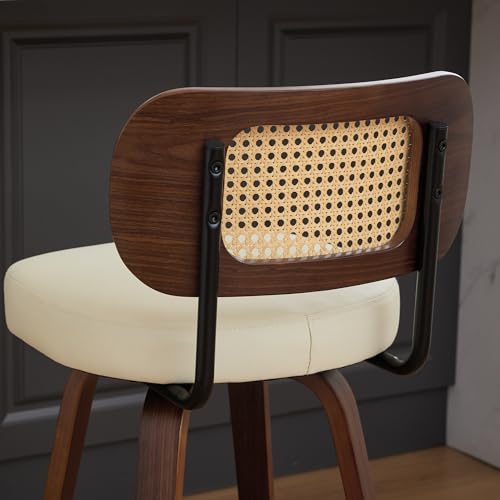 Image of YaFiti Counter Height Bar Stools Set of 2, 26 inch Rattan Counter Height Stools with Upholstered Seat, Walnut Craftsmanship, Swivel Counter Stools for Island /Kitchen /Counter /Bar (Pearl White)