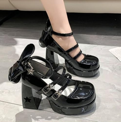 Coquette Star Emo Shoes Bow Heels Platform Mary Janes High Heels Women Goth Punk Leather Dressy Ankle Strap Round Closed Toes Chunky Kawaii Lolita Shoes Y2K Retro Trendy Cutecore Cosplay Streetwear2