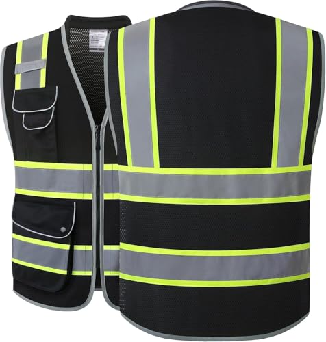 Image of JKSafety 9 Pockets Hi-Vis Black Safety Vest for Men Women High Visibility Reflective Construction Mesh Fabric Cushioned Collar Work Utility PPE Work Gear ANSI /ISEA compliant (101-Black S)