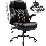 HAMAOKA Large High Back Office Chair - Adjustable Lumbar Support, Flip Up Arms, Heavy Duty Metal Base, Breathable Bonded Leather, 2 Storage Bags, Black