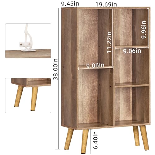 LEYAOYAO 5 Cube Small Bookshelf,3 Tier Mid-Century Bookcase with Legs,Wood Kids Bookshelves Storage Organizer Shelf,Free Standing Narrow Book Shelves,Oak Grey Corner Bookcases for Bedroom,Living Room