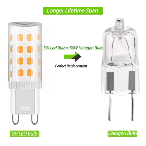 ZEIYEI G9 LED Bulbs，5W，3000K-Warm White，450LM，No Flicker，Equivalent to 40W Halogen，Not Dimmable，Energy Saving G9 LED Light Bulbs for Decor、Home 、Office Lighting and More、6Pcs