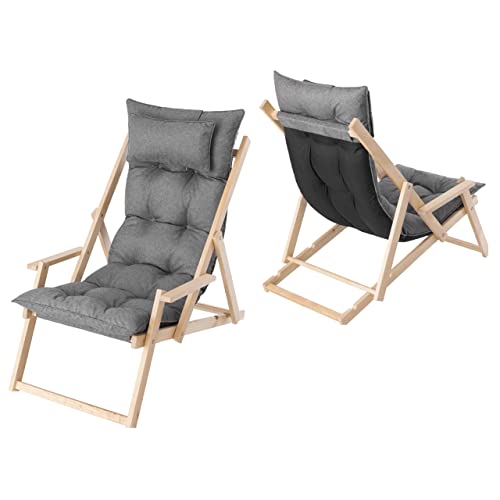 HOBBYGARDEN Verstellbare Gartenliege aus Holz mit Polster & Kopfstütze – Klappbarer Liegestuhl 53x1â€¦ – Miniatur