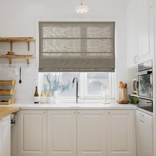 Image of TWOPAGES Liz No Drill Cordless Roman Shades Linen Textured Roman Blinds for Windows, Custom Made Room Darkening Blackout Roman Window Shades, Hardware Included, Taupe Grey, 1 Piece