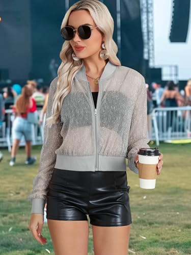 Nlife Women Sheer Mesh Sparkly Crop Bomber Jacket See Thru Glitter Rave Festival Clubwear Night Out Party Concert Outfit