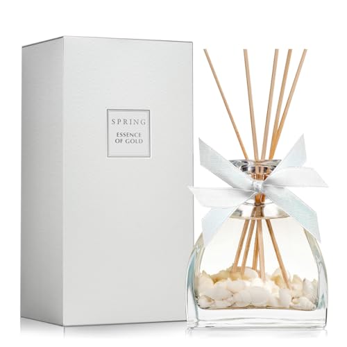 SPRING Reed Diffuser with Sea Shells 280ml with 5 Reed Sticks - French-Made Perfume Diffuser, Home Fragrance with Elegant Tropical Themed Glass Bottle - Luxury Gift, Long-Lasting Essence of Gold Scent