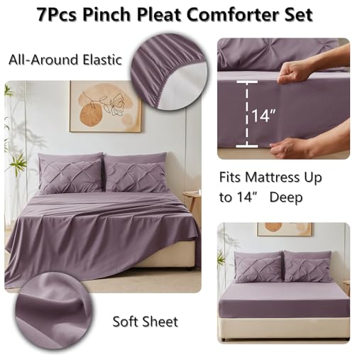 CozyLux King Size Comforter Set Grayish Purple, 7 Pieces Bed in A Bag Purple Comforter King Size, Pinch Pleat Bedding Set with All Season Comforter, Sheets, Pillowcases & Shams