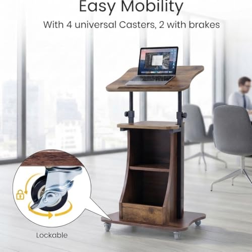 Image of POWERSTONE Sit to Stand Mobile Lectern Teacher Podium Stand Rustic Brown | Rolling Laptop Desk Cart with Storage Shelves, Casters, Swivel Top, Height Adjustable, for Classroom, Concert, Church
