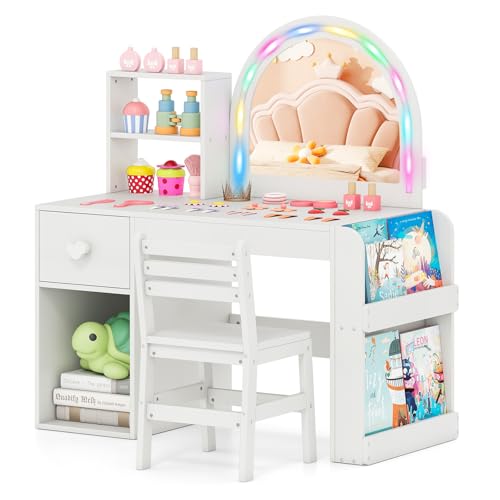 Image of Costzon Kids Vanity, Girls Vanity Set with Lighted Mirror, Bookshelf, Drawer, Storage Cabinet & Shelves, Toddler Makeup Vanity Desk Dressing Table, Wooden Kids Vanity Table and Chair Set (White)