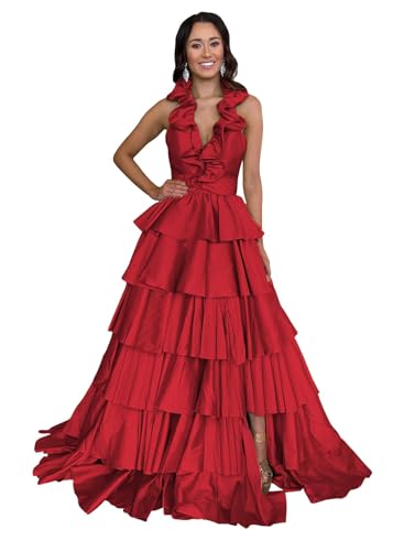 JNXIANGW Women's Satin Prom Dresses V-Neck Tiered Evening Party Dress Ruffle Long A-line Pageant Dress