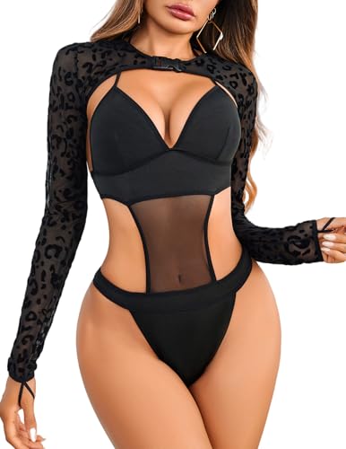 Image of Avidlove Rave Outfits for Women Festival Sexy Lingerie Bodysuit 2 Piece | Buckle shrug crop top halter bodysuit set, snap closure, breathable mesh, for concerts and club nights