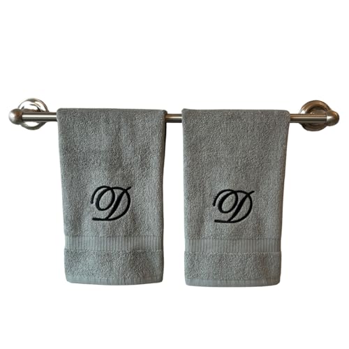 Decorvo Gray Monogrammed Hand Towels for Bathroom - Luxury Hotel Quality Personalized Initial Embroidered Towel for Powder Room, Spa - GOTS Organic Certified - Set of 2 Black Letter D