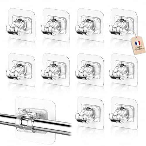 FixaMur - Lot de 10 Support Tringle Rideaux sans Percage Transparent, Adhésif Haute Performance Sans Trace, Accroche Rideau sans Percage pour Salle de Bain,...