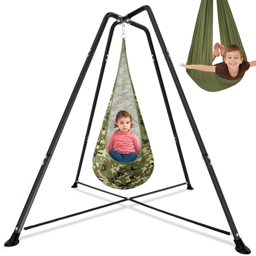 Lingvee Sensory Swing Stand Frame with Pod Chair and Swing Set Kid Heavy Duty Metal Swings Stand Autism Hammock Chair Stands Tree Saucer Round for Adult Indoor Outdoor Backyard Park(Camo)