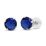 Gem Stone King 14K White Gold Blue Created Sapphire Stud Earrings For Women (1.10 Cttw, Round Cut...
