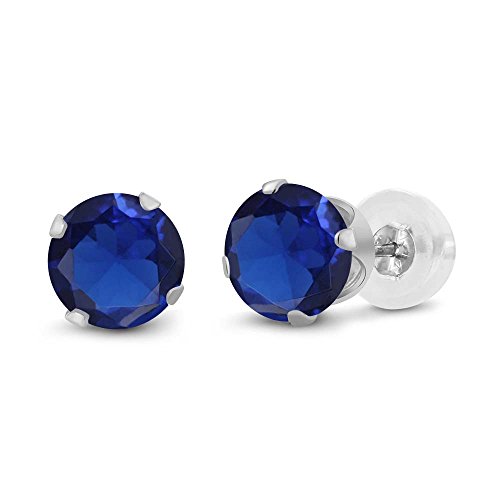 Gem Stone King 14K White Gold Blue Created Sapphire Stud Earrings For Women (1.10 Cttw, Round Cut 5MM)