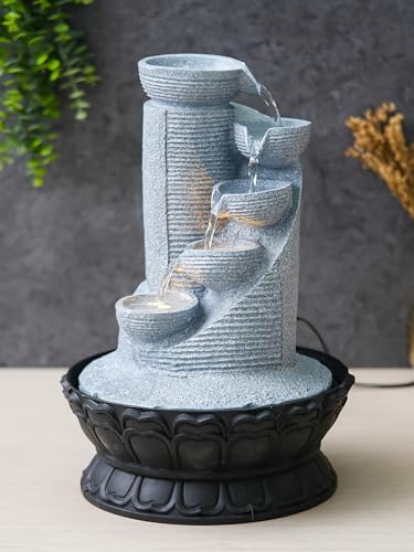 Image of CHRONIKLE Polyresin Grey Designer Table Top Indoor 5 Artistic Steps Waterfall Fountain with Yellow LED Lights & Water Flow Controller Pump (Size: 41 x 25 x 25 CM | Weight: 1980 gram | Color: Grey)