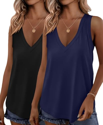 KKJ 2 Pack Womens Tank Tops 2026 V Neck Summer Tees Sleeveless Loose Fit Casual Vacation Outfits Flowy Shirts Fashion Clothes Black/Navy Blue
