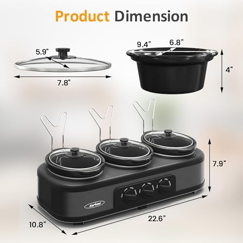 Sunvivi Triple Slow Cooker, Buffet Food Warmer with 3 * 1.5 Quarts Removable Ceramic Pots, Buffet Servers and Warmers with Glass Lids and 3 Spoons, Stainless Steel, Grey