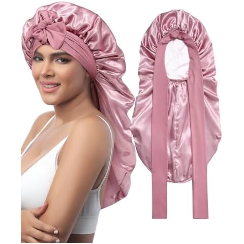 AWAYTR Long Satin Bonnet for Sleeping - Double Layer Reversible Silk Bonnet for Long Hair Women Sleeping Cap with Tie Band (Rose Gold+Pink) Cover