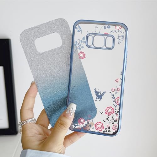 Image of for Samsung Galaxy S8 Case, Samsung S8 Case for Women Gradual Change Glitter Crystal Soft TPU Butterfly Floral Heart Clear Protective Cover with Strap for Samsung Galaxy S8 (Blue)