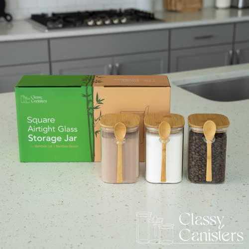Set Of 3 Square Glass Food Storage Containers With Bamboo Lids & Spoons – Decorative Airtight 40 Ounce Borosilicate Glass Food Storage Jars For Coffee, Tea, Sugar, Flour, Candy, Bath Salts & More #TOP2