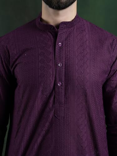 Image of SOJANYA (Since 1958 Men's Pure Cotton Checked Embroidered Long Kurta | Traditional for Diwali Celebrations