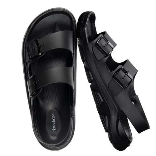 Harssidanzar Summer Mens Sandals Double Buckle Adjustable Slides Flat Beach Sandals KM242US3