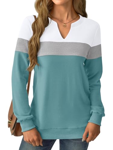 GKBK Womens Sweatshirts Long Sleeve Fall Tops Lightweight Color Block V Neck Cute Loose Casual Pullover — view 2