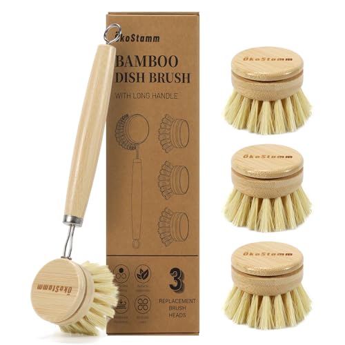 koStamm Bamboo Dish Brush with Long Handle - Natural Dish Scrubber Brush Set Includes 4 Replacement Brush Heads Sisal Bristle Bamboo Brush for Dishes Pans Pot Fruit and Veggie