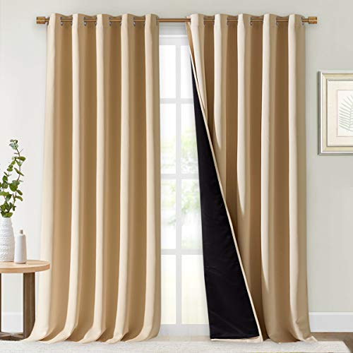 NICETOWN Thermal Insulated 100% Blackout Curtains, Sound Proof Drapes with Black Backing, Full Light Blocking Panels for Patio Sliding Door (Biscotti