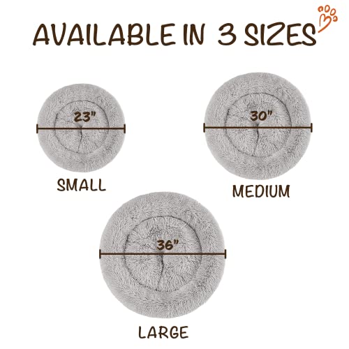 Friends Forever Donut Dog Bed Faux Fur Fluffy Calming Sofa For Medium Dogs, Soft & Plush Anti Anxiety Pet Couch For Dogs, Machine Washable Coco Pet Bed with Non-Slip Bottom, 30"x30"x7" Grey