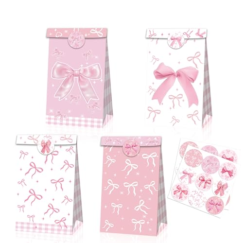 24 Pcs Adorable Pink Bow-Themed Gift Bags with Assorted Patterns & Stickers,Perfect for Birthdays, Parties, Weddings, and All Celebrations
