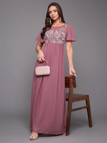 Image of Miss Chase Women's Round Neck Sleeve Embellished Fit Flare Maxi Dress