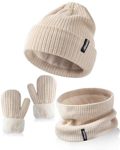 Image of Baby Beanie Mittens Scarf Set Girls Boys, Toddler Winter Hat and Gloves Neck Warmer Set Knit Warm with Fleece Lining, Kids Cold Weather Accessories Sets for Children Infant(Khaki,6-36 Months)