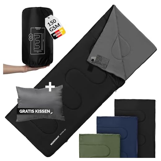 Deckenschlafsack [150 GSM], Sleeping Bag Camping, Schlafsäcke Erwachsene kleines Packmaß, Schlafsack Outdoor für 3-4 Jahreszeiten, Sommerschlafsack leicht & kompakt, mit Kissen, schwarz
